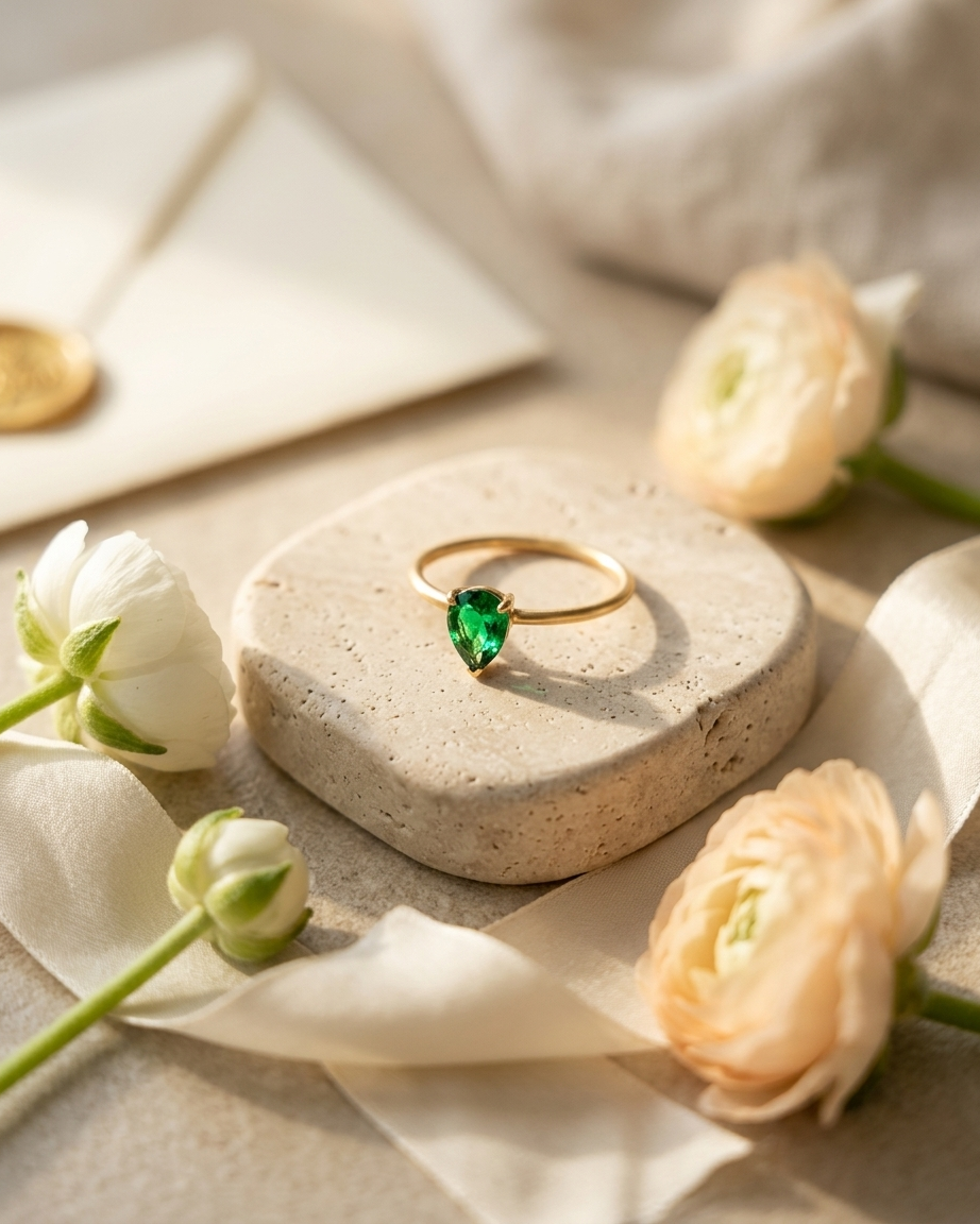 Anillo Cristal Verde Corte Pera