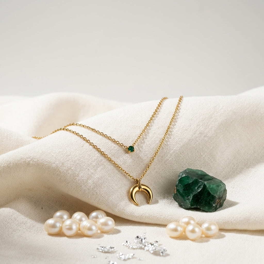 Collar Doble Luna y Piedra Verde