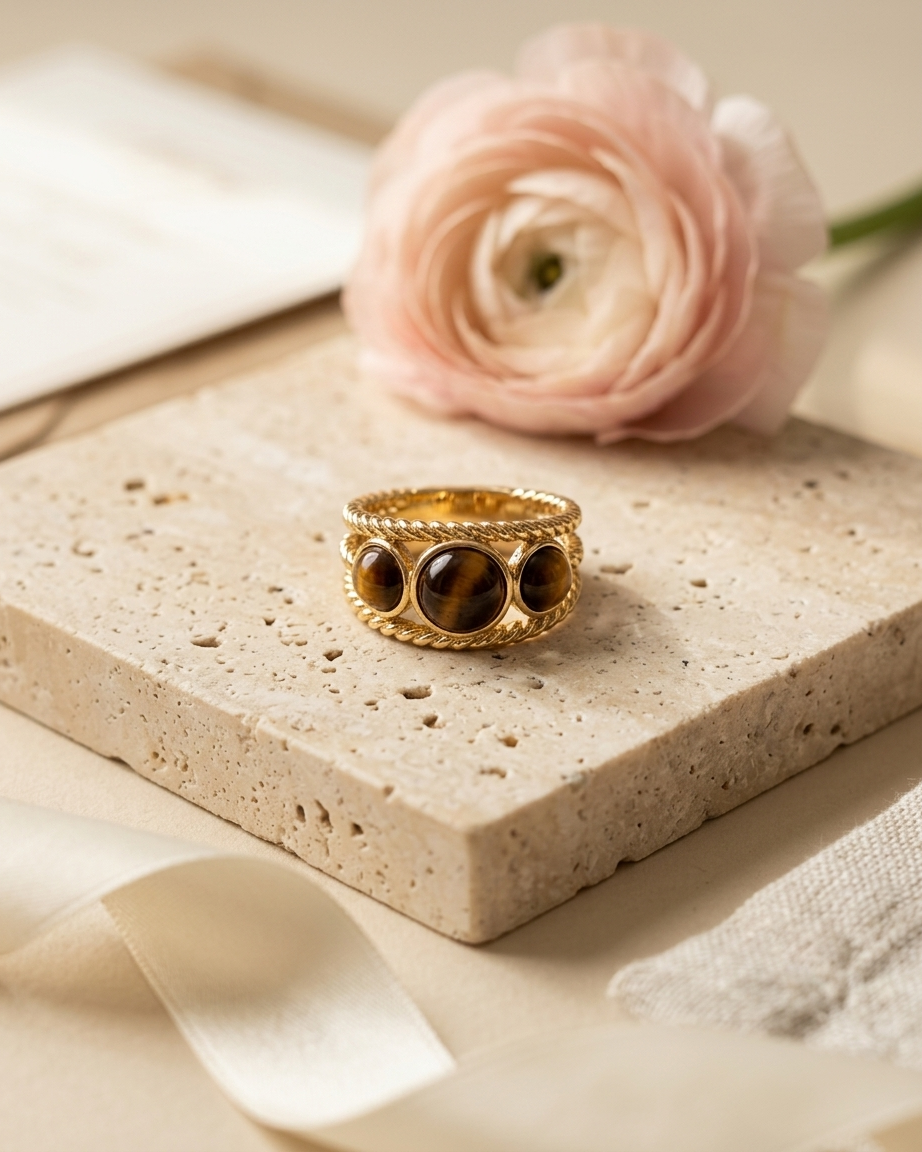 Anillo Doble Cordón con Ojo de Tigre