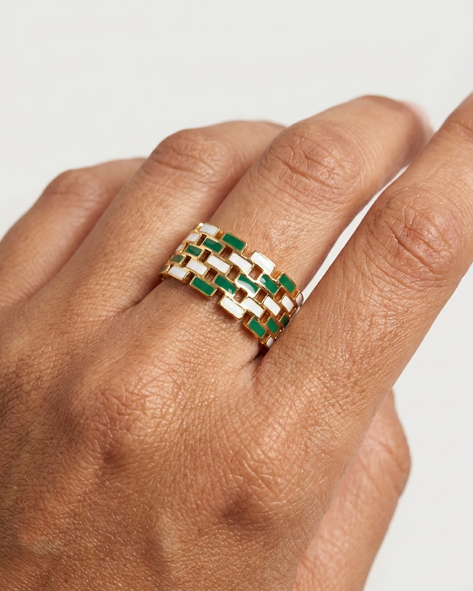Anillo Eslabones Esmalte Verde y Blanco