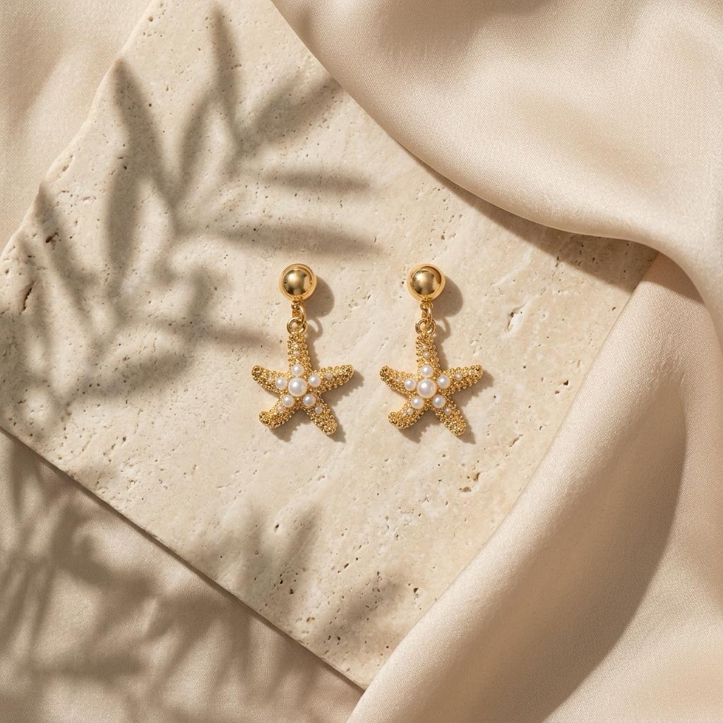 Aretes Colgantes Estrella de Mar con Perlas