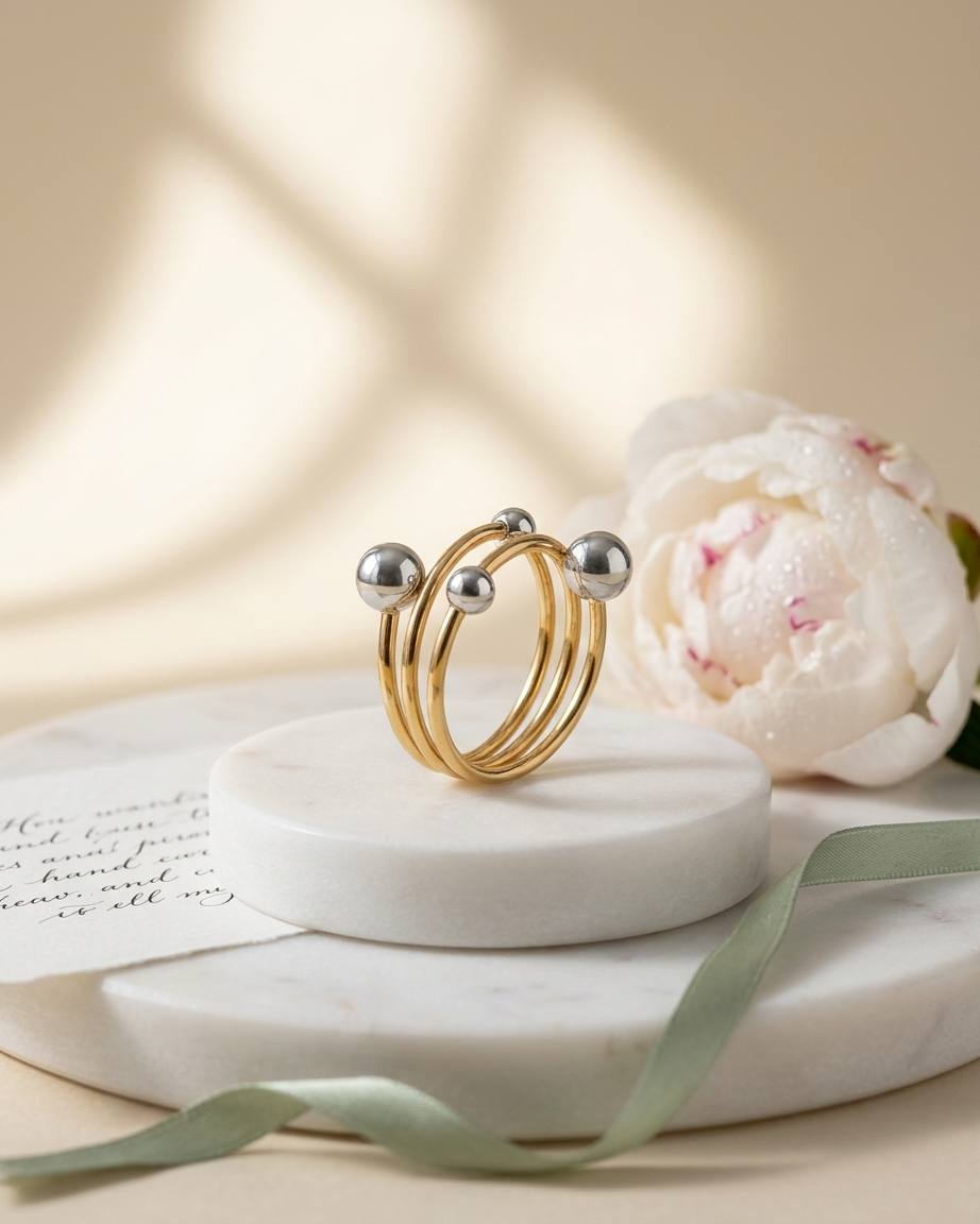 Anillo Triple con Esferas Plateadas