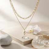 Collar Doble Paperclip con Perla Barroca