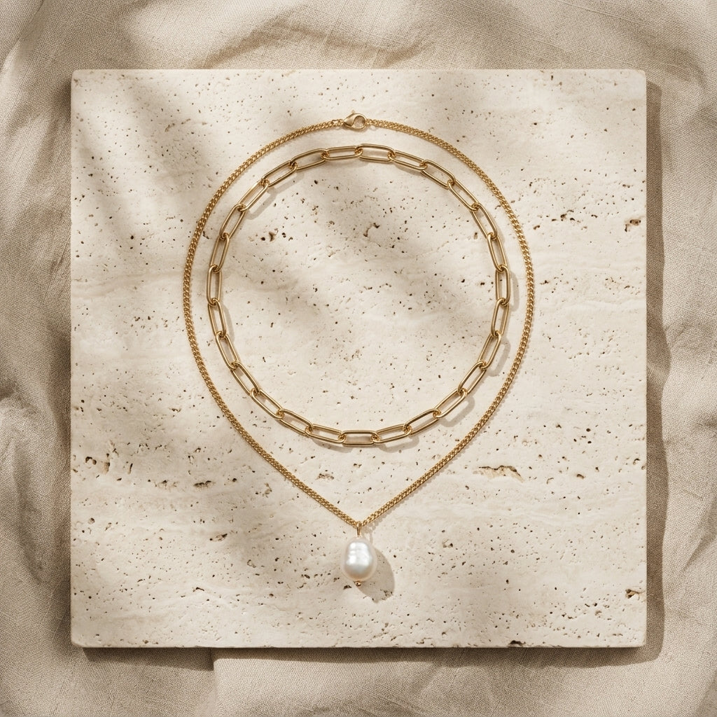 Collar Doble Paperclip con Perla Barroca