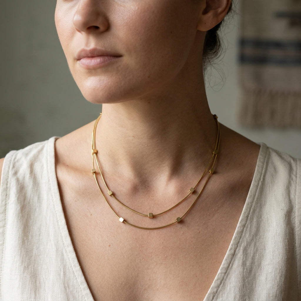 Collar Doble con Cubos Dorados
